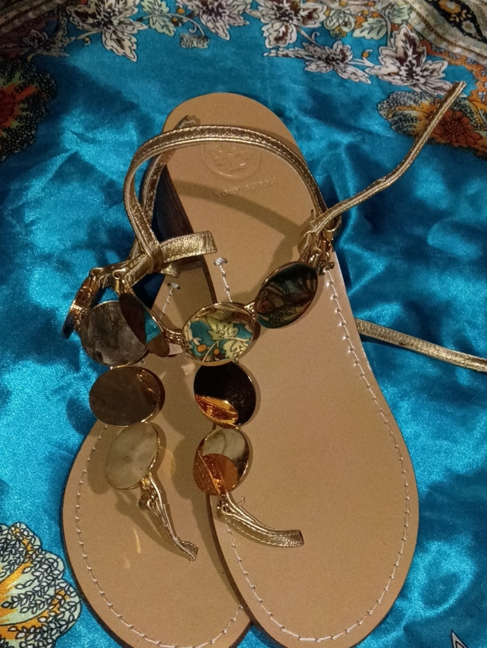 Women's Gold T-Strap Sandals with Decorative Discs